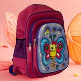 Pink backpack with butterfly design on a pink background