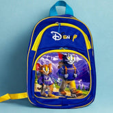 Blue backpack with cartoon characters on a light blue background