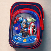 Stack of lunch bags with superhero design on a neutral background