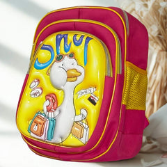 Colorful backpack with cartoon design on a light surface with decorative elements